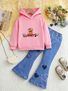 Girls' Christmas Stitches Hoodie Set, Cartoon Pattern High Waist Loose-Fitting Pants, Festive Winter for Girls