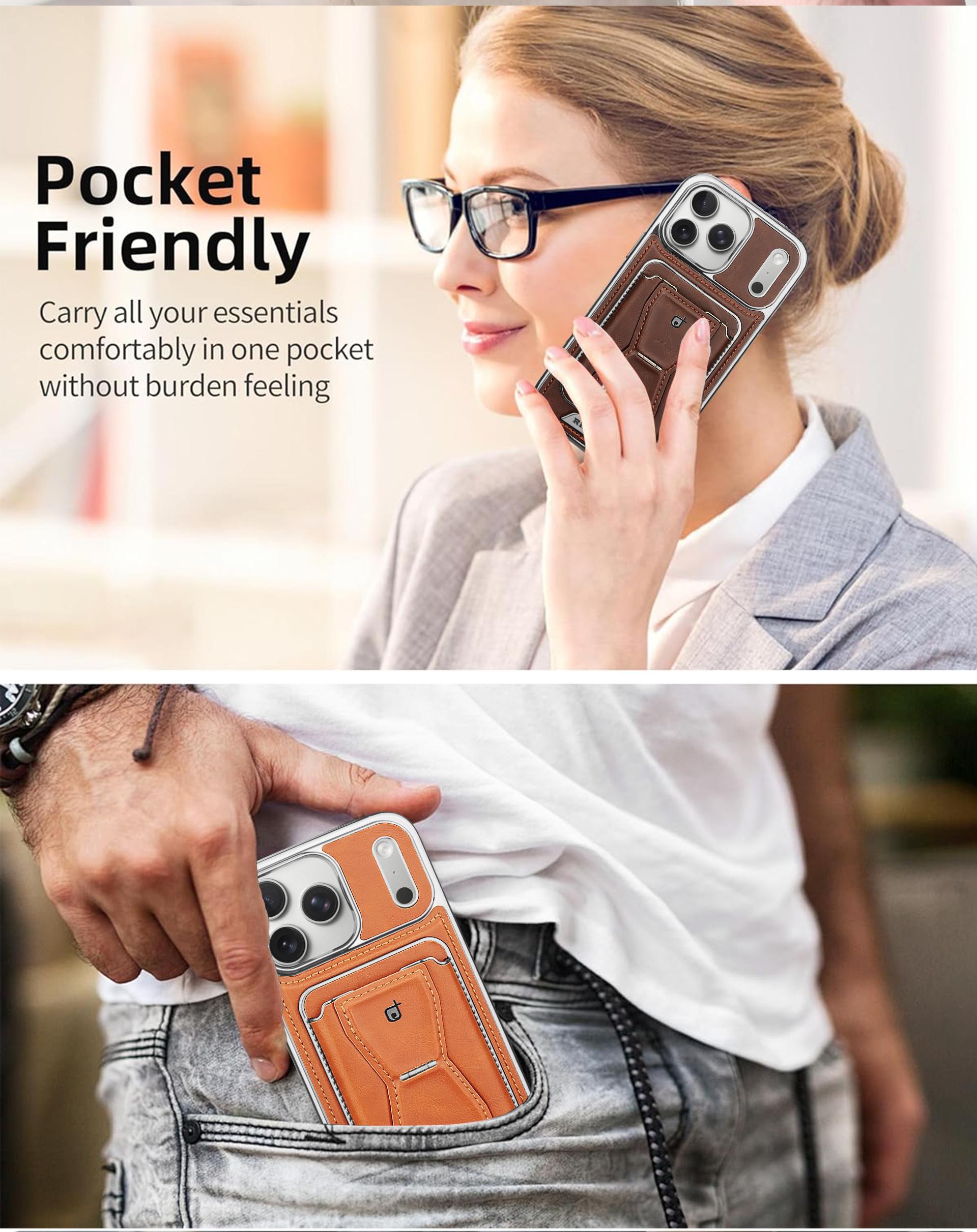 New Genuine Leather Magnetic Card Bag Stand Phone Case Detachable Card Bag 2-in-1 Design For iPhone17ProMax/16Pro/15Plus/14/13/12Pro Full Shockproof High-end Business Protective Cover For Men And Women