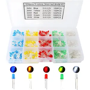CESFONJER 500 x Pcs 3mm Light Emitting Diode, Diffused 2pin Round Color White/Red/Yellow/Green/Blue Kit Box (5 colors x 100pcs)