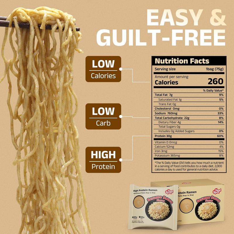HealSpot High Protein Instant Ramen, 30g Plant Based Protein, Low Fat, Low Carb, Non GMO, Keto Friendly, Plant Based Dry Mixed Ramen, 6 Packs of Sesame Sauce Flavor