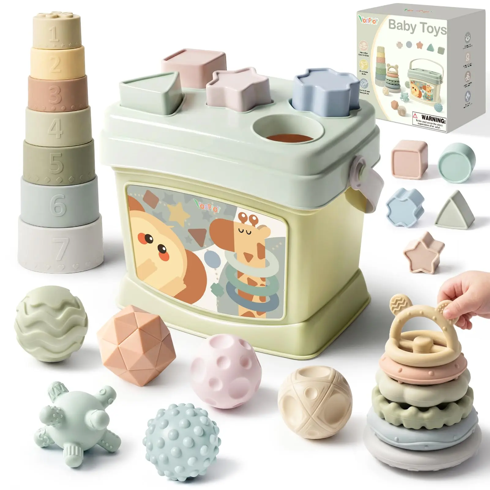 Joyreal 4-in-1 Montessori Baby Toys, Infant Teething Toys Soft Stacking Blocks Rings Shape Sorter Sensory for Toddler 1-3, First Baby Gift Set for 6 Month Old Girl Boy