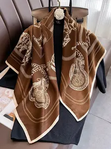 Spring Summer Chain Horse Print Silk Scarf, Neck Warmer, Multifunctional Outerwear, Cold Protection, Fashionable and Stylish, Textured Blanket Scarf