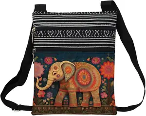 Ethnic Floral Crossbody Bag Lightweight Polyester Fiber Adjustable Strap 23.5x19x1cm for Women's Everyday Use & Gift Idea