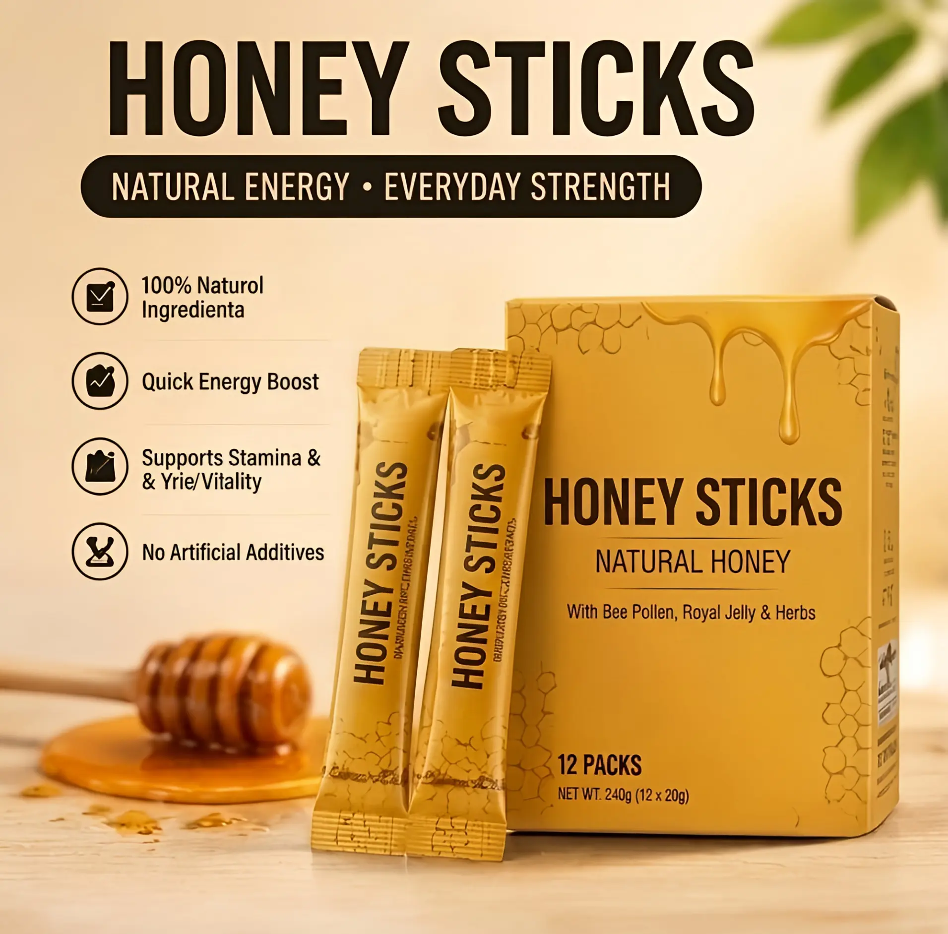 Natural Pure Honey Sticks with Jelly & Bee Pollen, 12 x 20g Sachets, Single-Serve Honey Packets for Daily Energy & Wellness Flavor Sweet Organic Sweet Flavor Flavor Sweet Sweet Sweet Organic Organic Sweet Flavor