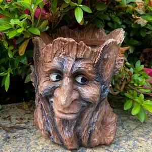 Whimsical Tree Stump Planter with Jolly Old Man Face - Perfect for Outdoor Decorating - Resin Crafts - Suitable for Halloween - No Battery Required