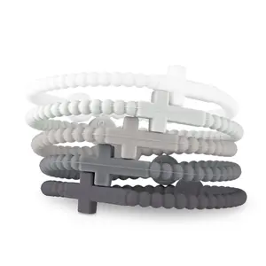5Pcs Cross Bracelet Set for Women, Silicone Beaded Christian Bracelets, Religious Faith Wristbands for Daily Wear