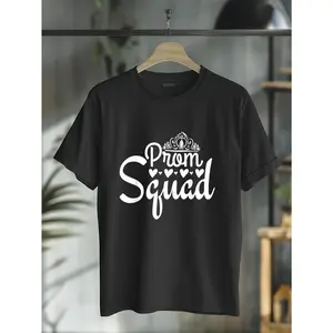 Prom Squad" Matching T-Shirts for Men & Women - Casual Black Tees with White Graphic Print, Round Neck, Short Sleeve - Ideal for Prom & Graduation Parties Menswear Top Streetwear shirts women vintage graphic tees
