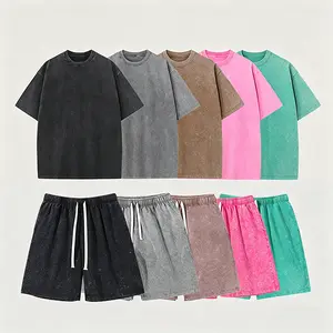 Casual loose solid color sports suit, washed and worn short sleeved shorts set, suitable for both men and women