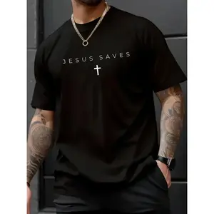 Cotton Jesus Saves Cross Subtle Christian Minimal Religious Faith T-Shirt, Western Outfits Shirts Men's Graphic Tees Top