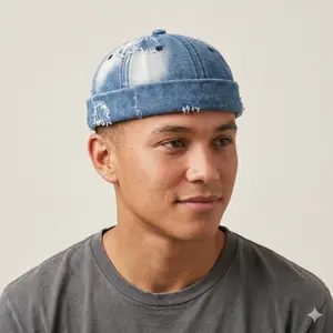 Unisex Distressed Washed Denim Faux Leather Unstructured Baseball Cap - Hip-Hop Vintage Geometric, Adjustable Stylish Trendy Hat, Casual Fashion Accessory for Women, Hand Wash Only Trucker Hat, Adjustable Stylish Hat