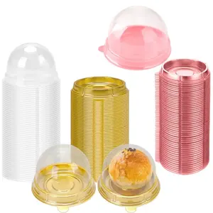 100pcs pink and 100pcs gold Round Transparent Dome Pastry Boxes , Small Disposable Plastic Tart Mousse Cupcake Containers, Dust Cover Dessert Cups for Home Baking, Catering, Holiday Gift Packaging