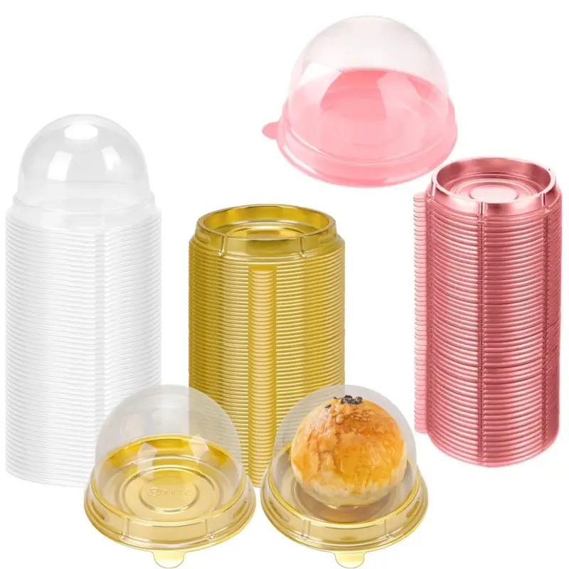 100pcs pink and 100pcs gold Round Transparent Dome Pastry Boxes , Small Disposable Plastic Tart Mousse Cupcake Containers, Dust Cover Dessert Cups for Home Baking, Catering, Holiday Gift Packaging