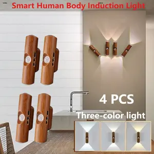 2/3/4-piece set Walnut-colored LED smart sensor charging wall lamp, suitable for corridors, kitchens, wardrobes, and bedrooms