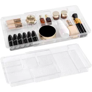 Expandable Drawer Organizer, Adjustable Width from 11.1" to 19.2", 1.3" Height Shallow Cosmetic Organizer, 2 Packs Clear Plastic Storage Trays for Dressing Table Bathroom