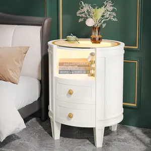 LITTLE TREE 2-Drawer Nightstand with LED Light, Modern Oval Nightstand with Glass Tabletop and Open Shelve LITTLE TREE 2-Drawer Nightstand with LED Light, Modern Oval Nightstand with Glass Tabletop and Open Shelve