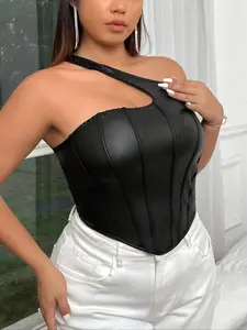 Plus Size Leather One-Shoulder Top, Hollow Out Tie Back Bodycon Tank, Y2K Gothic Streetwear Street Style Short Shirt, Tiktok Trend Women's Fashion