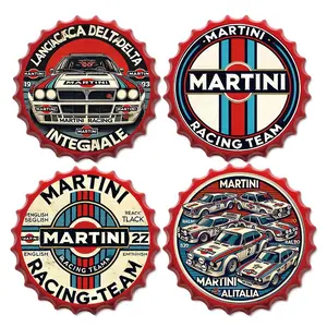 Vintage Martini Metal Tin Sign Set, 4pcs Bottle Cap Style, Racing Team Car Signs, Retro Wall Decor for Garage & Bar, 13.8 Inch Border