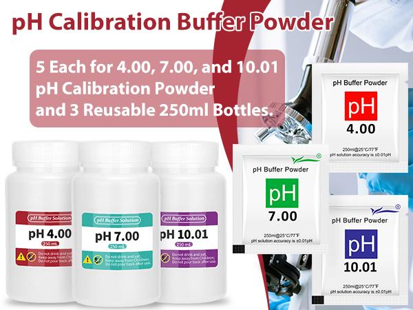 15 Pack pH Calibration Buffer Powder Calibration Solution for Precise Meter Calibration, 4.00pH/7.00pH/10.01pH with Three 250ml Bottles - Professional pH Tester Calibration Kit