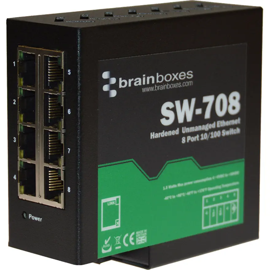 Brainboxes Hardened Industrial Ethernet 8 Port Switch DIN Rail Mountable