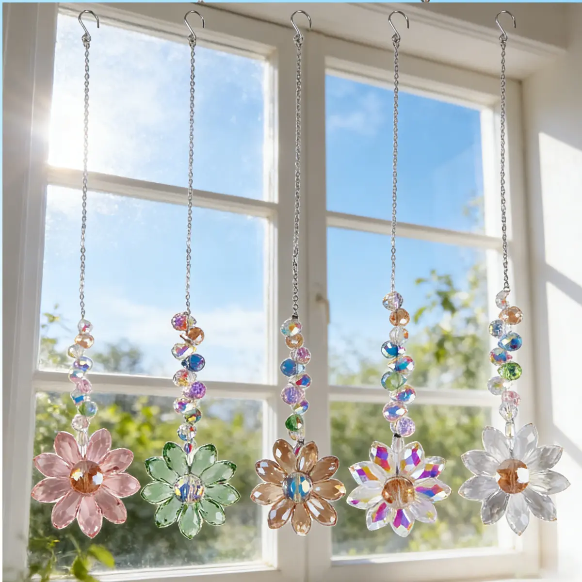 6Pcs Hangable Colorful Crystal Sunflower Window Suncatchers - Glass Rainbow Maker with Stainless Hook, Ornament for Home Improvement, Birthday Gift for Best Friend, Captures Sunshine for Indoor Garden, Plants, Daughter