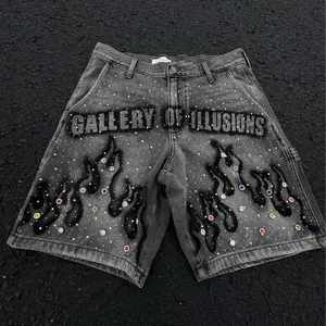 Y2K Summer High Street Trendy Half-Length Shorts with Hand-Painted Prints and Rhinestone Embellishments, Loose-Fit Denim Shorts