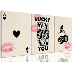 Framed Trendy Ace of Spades Canvas Wall Art Vintage Poker Queen Luck You Prints Poster 8 Ball Cherry Set of 3 Wall Decor Kiss Lips Preppy Coquette Painting Picture for Bedroom Dorm 12"x16"