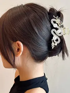 Chinese Style Metal Dragon Hair Clip, Medium Size Pearl Design, Unique Personality Back Head Shark Clasp, Women's Fashion Accessory