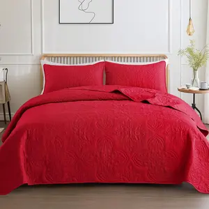Soft  Quilt Bedding Set for All Seasons,  Damask  Full Size Quilts Set, Lightweight Reversible Bedspread, Coverlet, Bed Cover with 2 Pillow Shams, Red