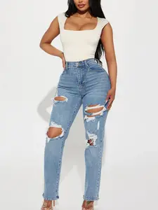 Because I Said So Destroyed Mom Jeans - Medium Blue Wash