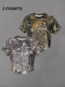 Women's All Over Print Round Neck Tee, Casual Short Sleeve Crew Neck T-shirt for Summer, Fashion Women's Top for Daily Wear