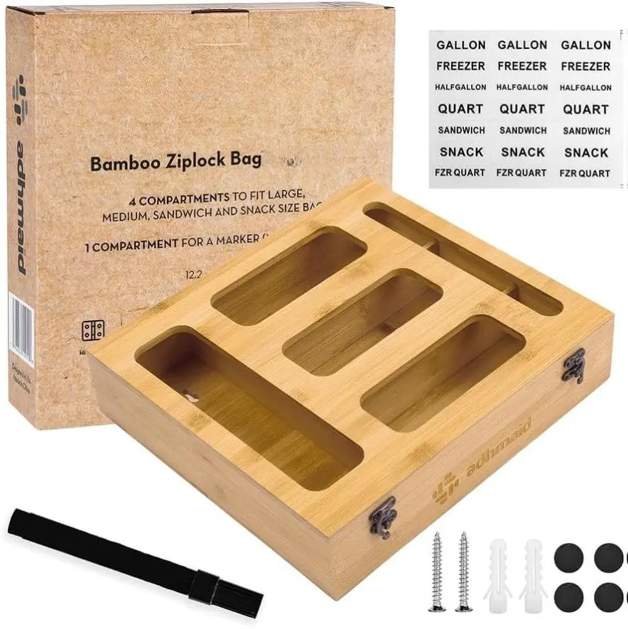 Bamboo Ziplock Bag Organizer for Drawer - 5-in-1 Set with 1 Marker - Durable, Eco-Friendly Modern Storage - Smooth Slide Cover, Wall-Mountable Option for gal, qt, Snack Sizes Kitchen Gadget Boxes