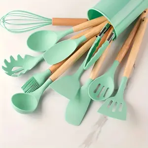 12pcs Non-Stick Silicone Kitchen Utensil Set with Wooden Handles, Safe and Easy to Clean, Perfect for Cooking and Baking Ceramic Cookware Oil Insulation