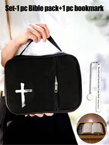Black Bible storage bag with classic cross print, paired with a silver bookmark. Practical for daily use by students and adults.