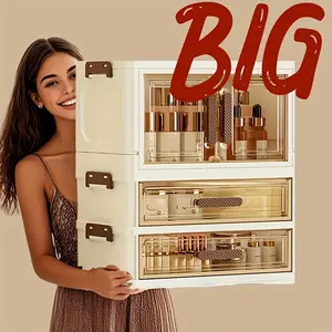 1pc Foldable Large Capacity Cosmetics Storage Cabinet, File Storage Box, Large Capacity With Drawers, Transparent Drawers Cabinet, Suitable for Storing Cosmetics, Skincare Products, Documents and Books - 2025 New