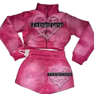 Twisted Love Rhinestone Short Set - Pink Heart Design with Sparkling Rhinestones for Stylish Comfort