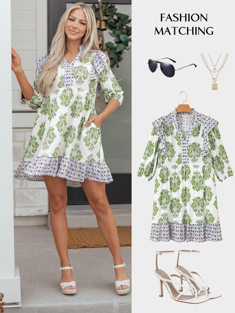 Asvivid Women's Floral Print Contrast Patchwork Ruffle Detail Mini Dress Summer Lightweight Casual Bohemian Boho Dresses summervibes