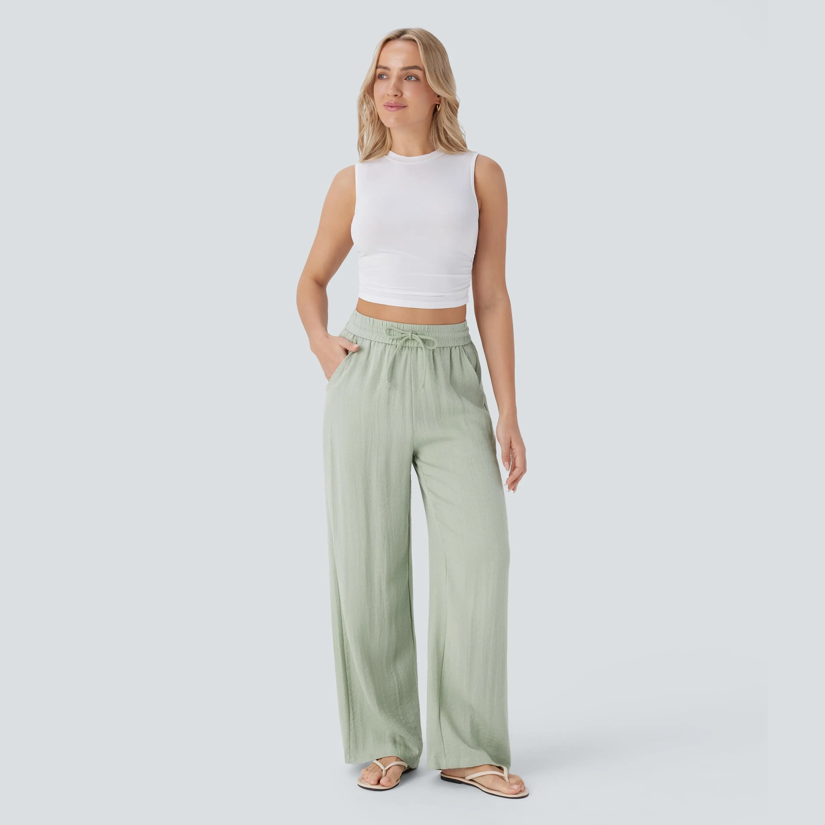 【Creator's Pick】Halara High Waisted Drawstring Pocket Wide Leg Casual Linen-Feel Pants #summervibes 【Creator's Pick】Halara High Waisted Drawstring Pocket Wide Leg Casual Linen-Feel Pants #summervibes