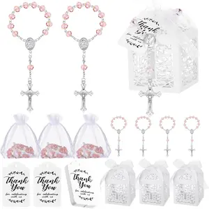 100 Pcs Baptism Favors Set Including 25 Mini Rosary Baptism Favors 25 Organza Bags with Drawstring 25 Thank Kraft Tags 25 Boxes for Christening Party Wedding Supplies Gifts(Pink)