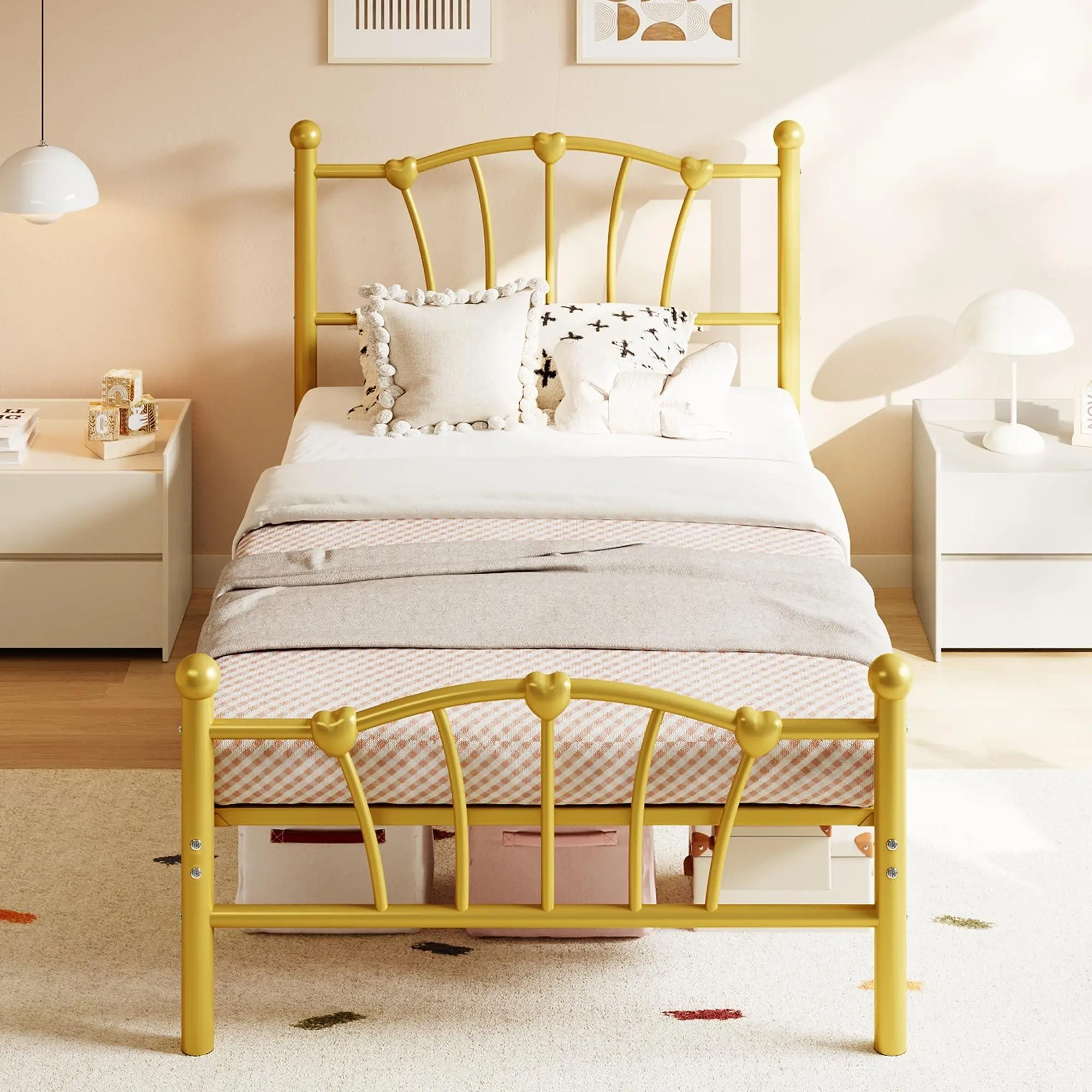 Garvee Twin XL Bed Frame for Kids, Twin XL Size Bed with Headboard and Footboard, Heart Shaped Platform Bed Frames, Heavy Metal Slat Support, Noiseless, No Box Spring Needed, Gold