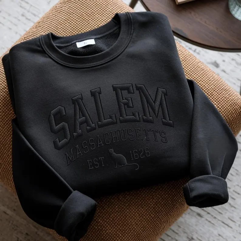 Salem Massachusetts Embroidered Tone-On-Tone Sweatshirt, Witch On Sleeve Shirt, Spooky Season Tee, Halloween Gifts