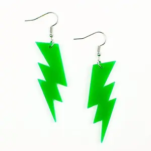 Unisex Green Lightning Bolt Acrylic Hook Earrings - 2.75 in Lightweight Kelly Green Laser-Cut Acrylic, Silver-Tone Metal Coating Hooks for Comfortable Wear