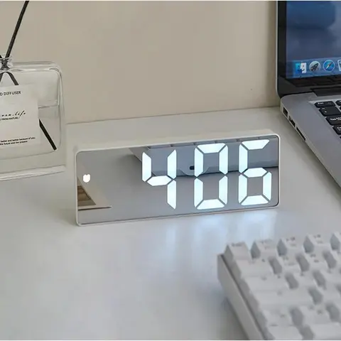 6.25 in Display Mirror LED Digital Clock - DC Alarm Desk Clock, Metal Modern Home Decor, Adjustable Intensity, Plug-in Power Supply (Battery Not Included), Power Outage Safe for Bedroom