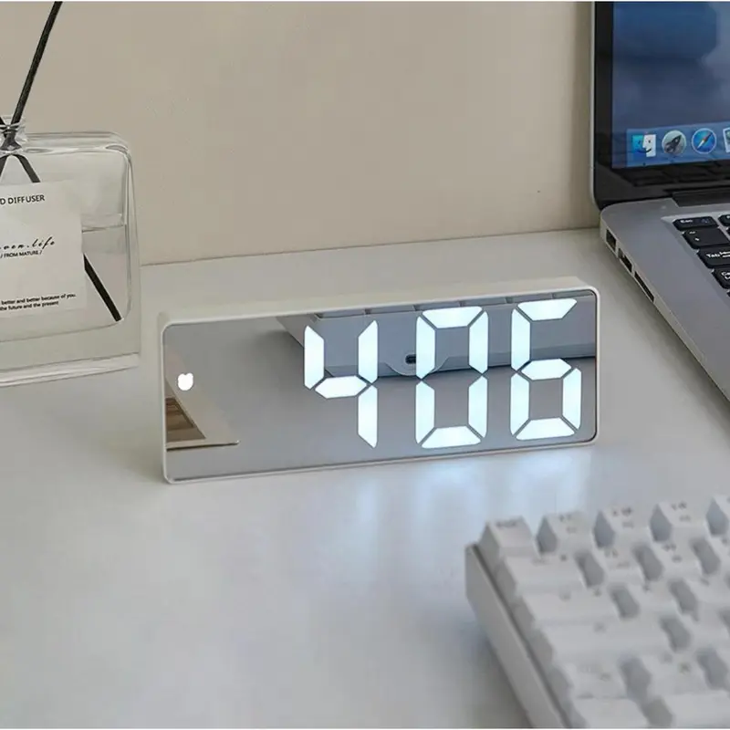 6.25 in Display Mirror LED Digital Clock - DC Alarm Desk Clock, Metal Modern Home Decor, Adjustable Intensity, Plug-in Power Supply (Battery Not Included), Power Outage Safe for Bedroom