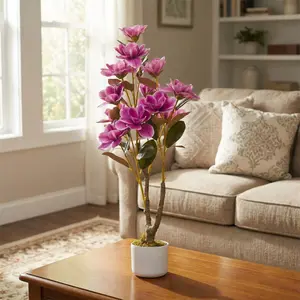 Garvee 3.1FT Pink Artificial Magnolia Tree with 12 Blooms in White Speckled Planter, Realistic Faux Plant for Indoor Home and Office Decor