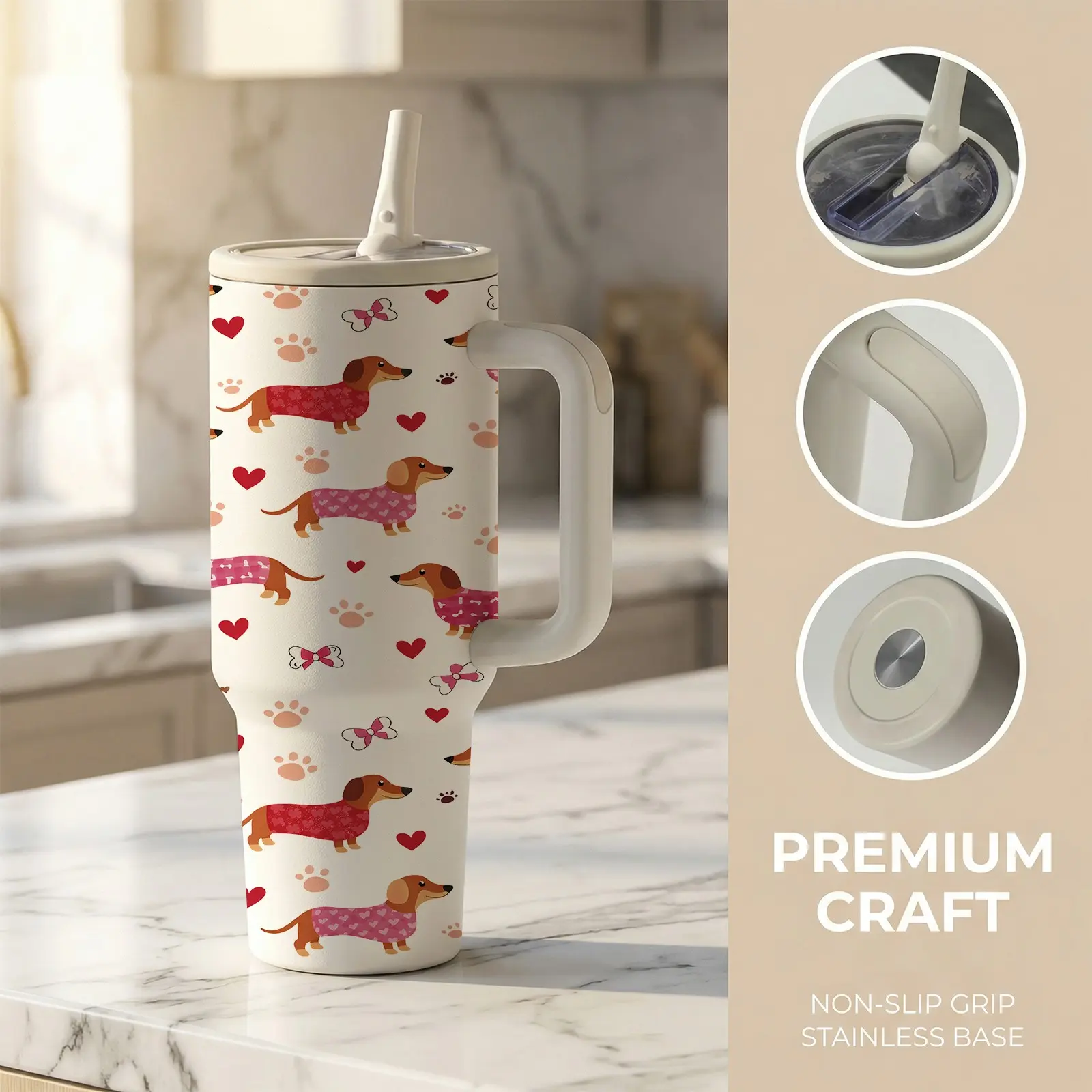 1 Pc 40 Oz Stainless Steel Water Cup, Tumbler With Handle And Foldable Straw, Dachshund Dog With Heart And Bone Design, Double Wall Insulated Thermal Mug, Hot 12H/ Cold 24H, Perfect Valentine's Day, Birthday Gift For Friends And Family