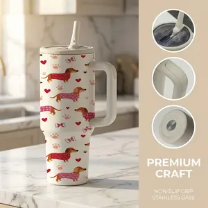 1 Pc 40 Oz Stainless Steel Water Cup, Tumbler With Handle And Foldable Straw, Dachshund Dog With Heart And Bone Design, Double Wall Insulated Thermal Mug, Hot 12H/ Cold 24H, Perfect Valentine's Day, Birthday Gift For Friends And Family