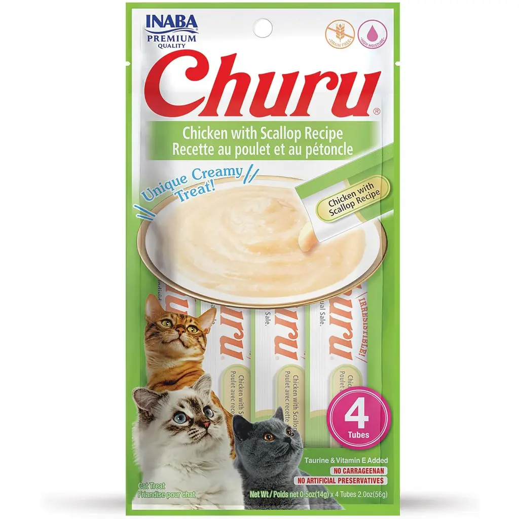 INABA Creamy Lickables Feline Treats - Chicken with Scallop Puree, Tapioca Starch, Grain-Free, Real Meat, Protein Boost, Targeted Wellness Support, Hydration Support, Adult Cats, 0.5 oz x 4 Tubes