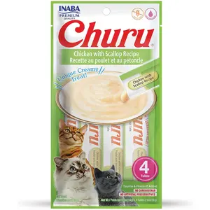 Inaba Churu Chicken with Scallop Puree Grain-Free Lickable Treat for Cats, 0.5-oz x 4-tubes