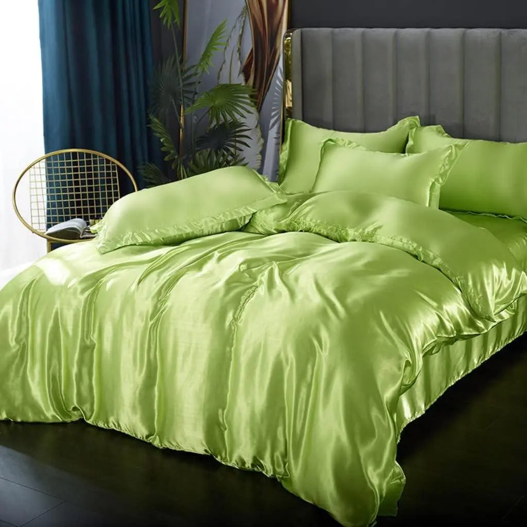 Satin Bedding Set Bright Green Silk Like Satin Duvet Cover Set Luxury Soft Comforter Cover Bedroom Decor Chic Luxurious Silky Bedspread Cover Zipper (1 Duvet Cover + )