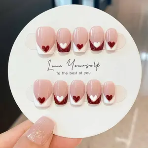 10pcs high-end Red White Heart False Nails Artificial Acrylic Nail Art handmade Fake Nails Full Coverage Removable Press On Nails Tips Wedding Nails